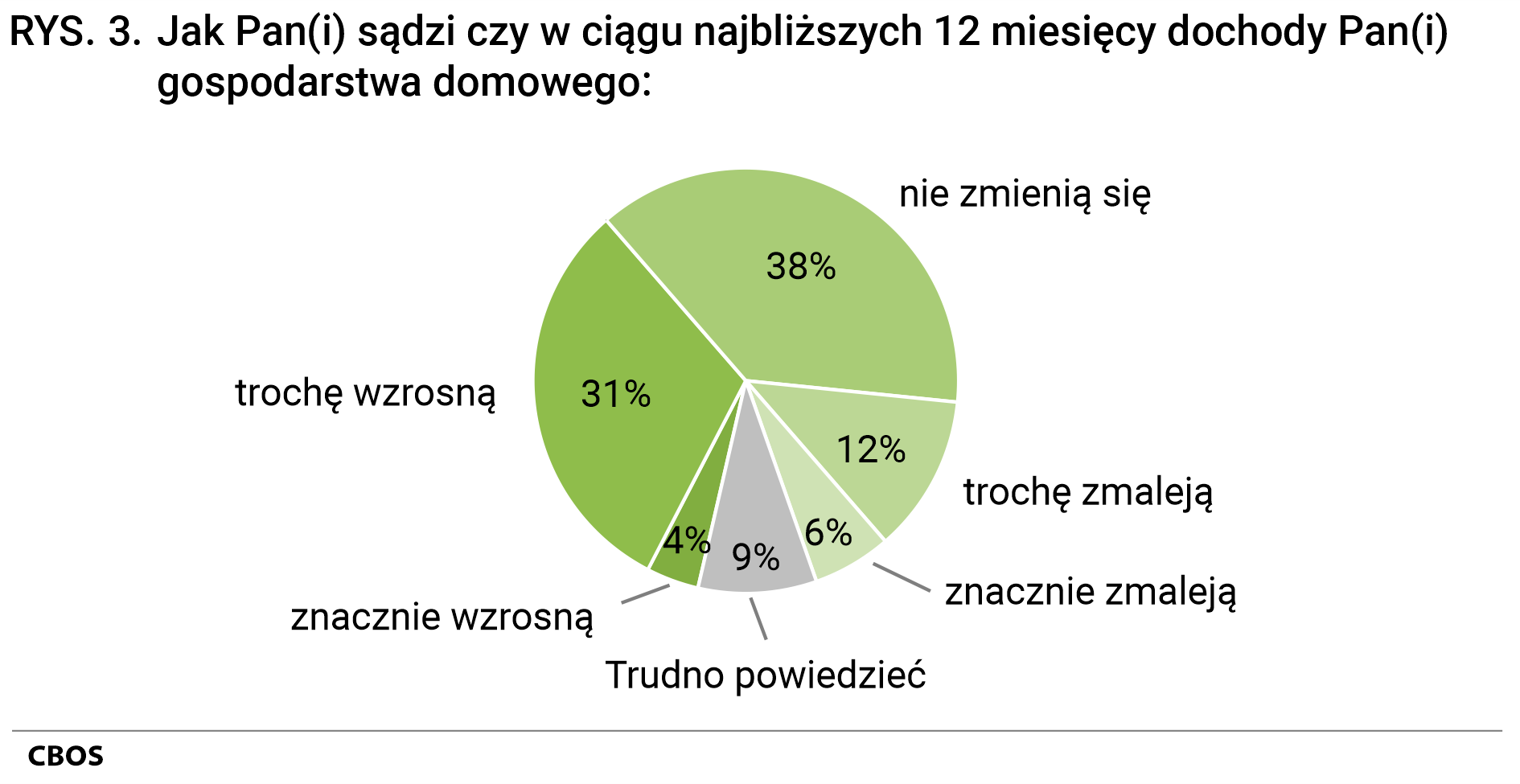 Rysunek 3 Jak Pan(Pani) sądzi, czy w ciągu najbliższych 12 miesięcy dochody Pana(Pani) gospodarstwa domowego: znacznie wzrosną (4%); trochę wzrosną (31%); nie zmienią się (38%); trochę zmaleją (12%); znacznie zmaleją (6%); Trudno powiedzieć (9%).
