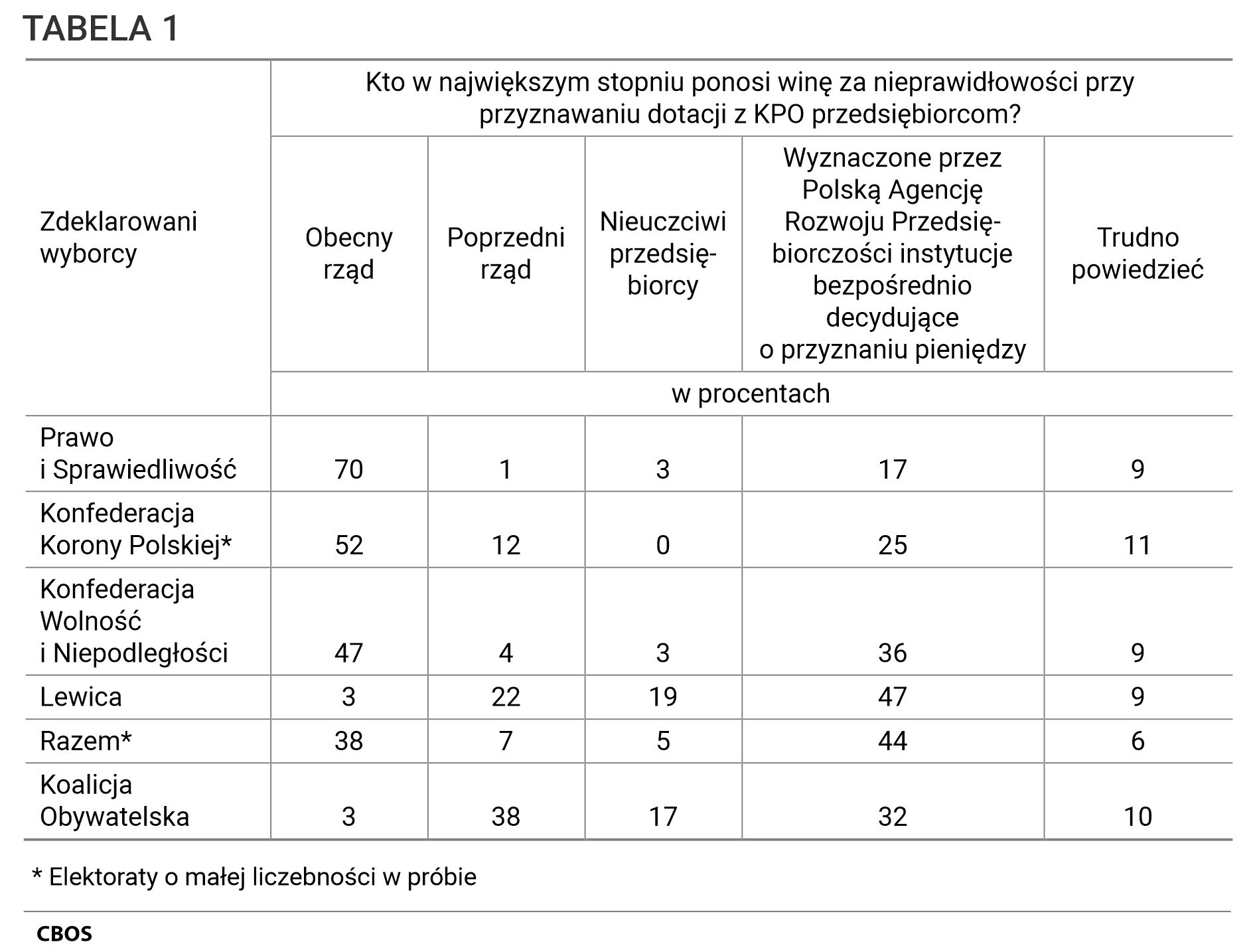 Tabela 1. Odpowiedzi zdeklarowanych wyborców poszczególnych partii na pytanie: Kto w największym stopniu ponosi winę za nieprawidłowości przy przyznawaniu dotacji z KPO przedsiębiorcom?