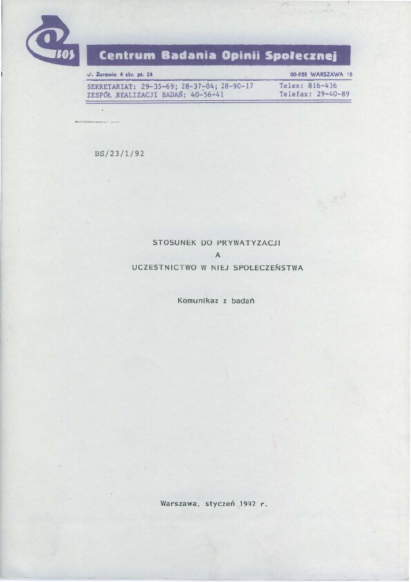 Okładka komunikatu BS/23/1/92