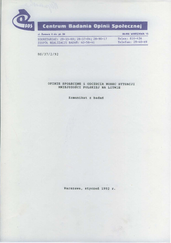 Okładka komunikatu BS/37/2/92