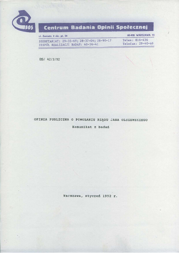 Okładka komunikatu BS/42/3/92