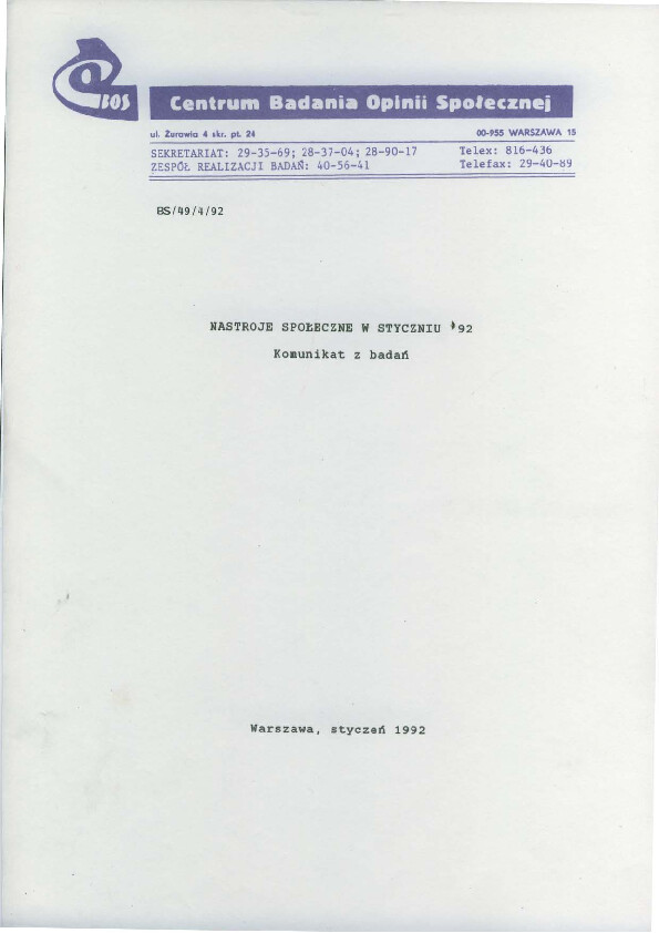 Okładka komunikatu BS/49/4/92