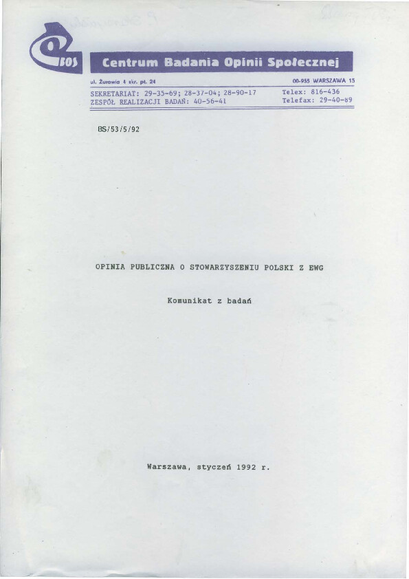 Okładka komunikatu BS/53/5/92