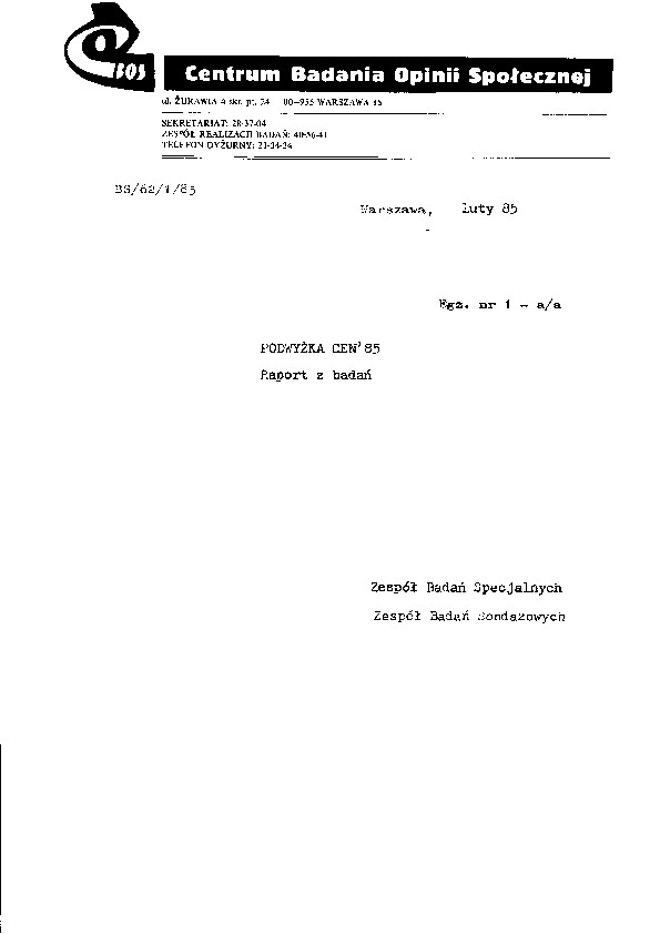 Okładka komunikatu BS/62/1/85