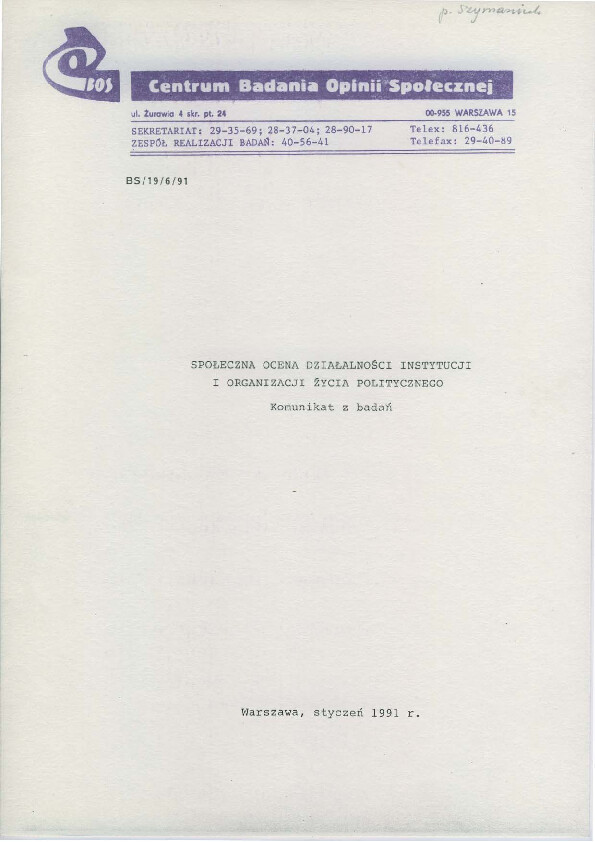 Okładka komunikatu BS/19/6/91