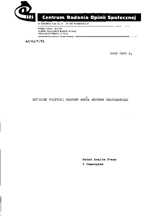 Okładka komunikatu AP/65/1/85