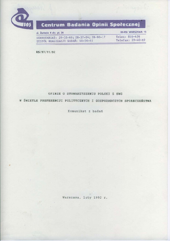 Okładka komunikatu BS/97/11/92