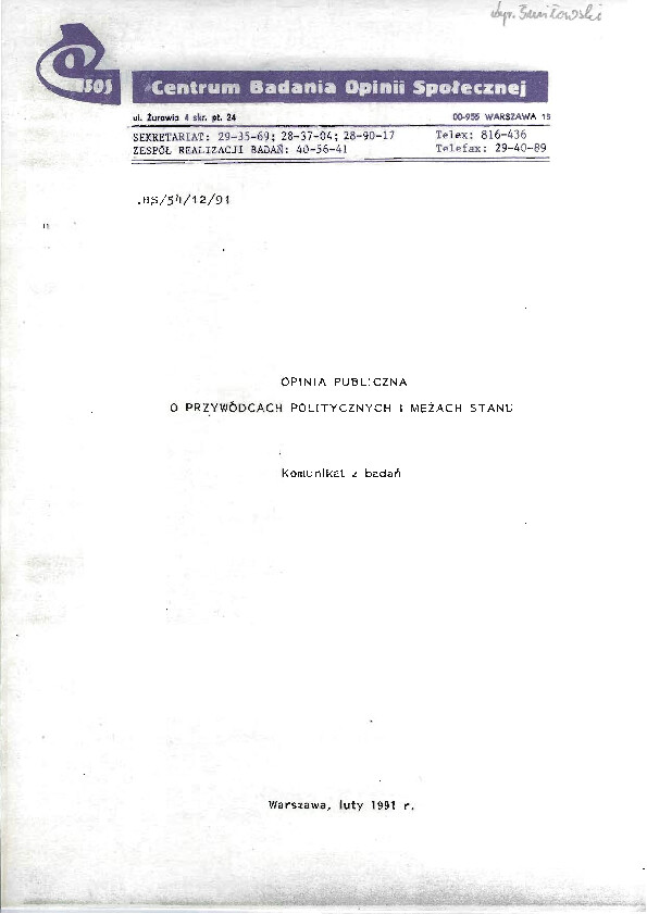 Okładka komunikatu BS/54/12/91