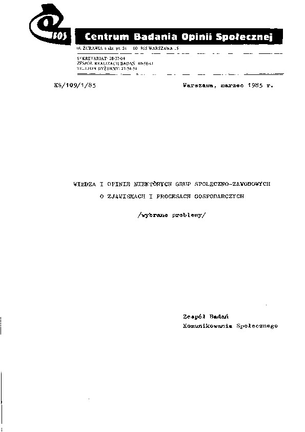 Okładka komunikatu KS/109/1/85