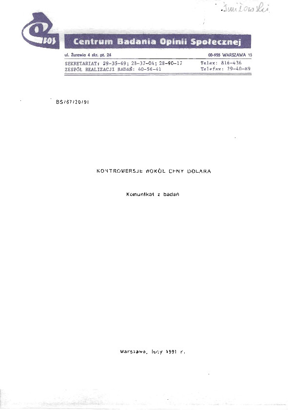 Okładka komunikatu BS/67/20/91