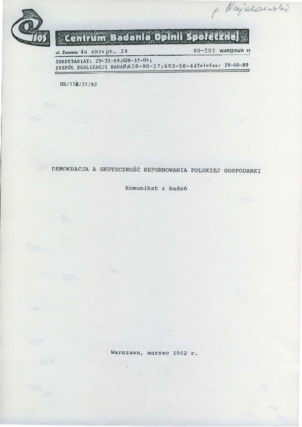 Okładka komunikatu BS/176/21/92