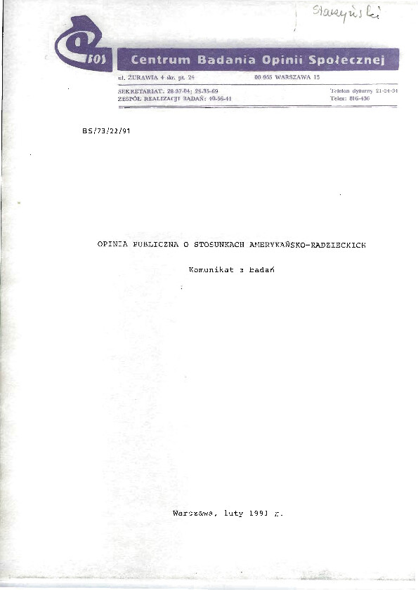 Okładka komunikatu BS/73/22/91