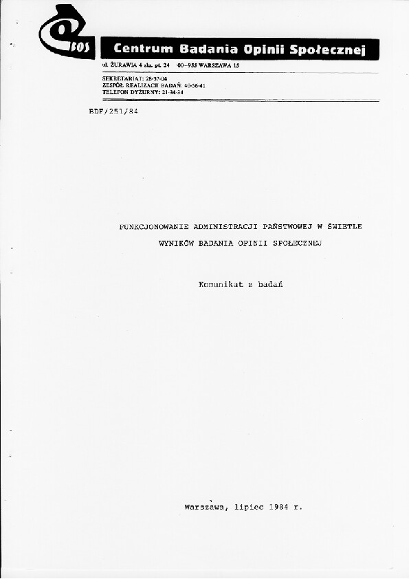 Okładka komunikatu BDF/251/84