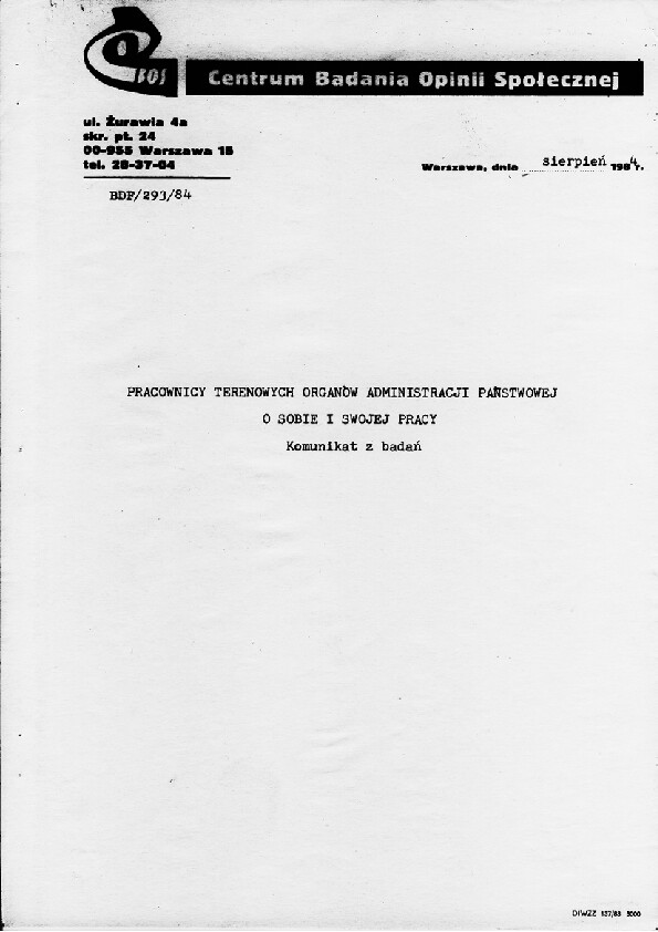 Okładka komunikatu BDF/293/84