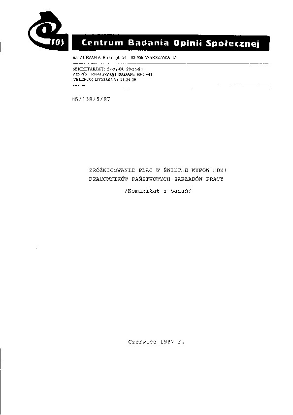 Okładka komunikatu BS/138/5/87