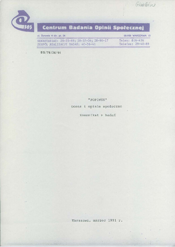 Okładka komunikatu BS/78/26/91