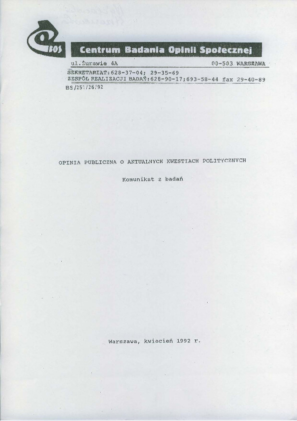Okładka komunikatu BS/251/26/92