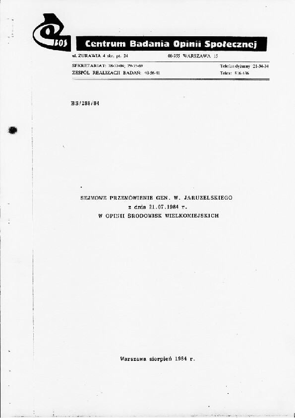 Okładka komunikatu BS/288/84