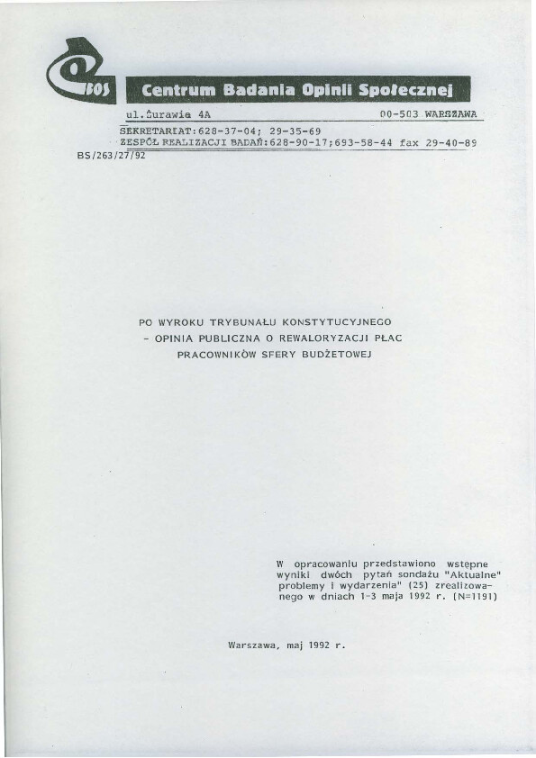 Okładka komunikatu BS/263/27/92