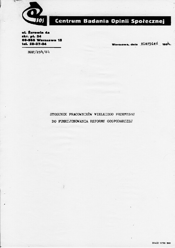 Okładka komunikatu BDF/294/84