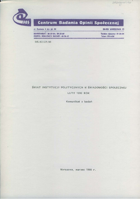 Okładka komunikatu BS/62/27/90