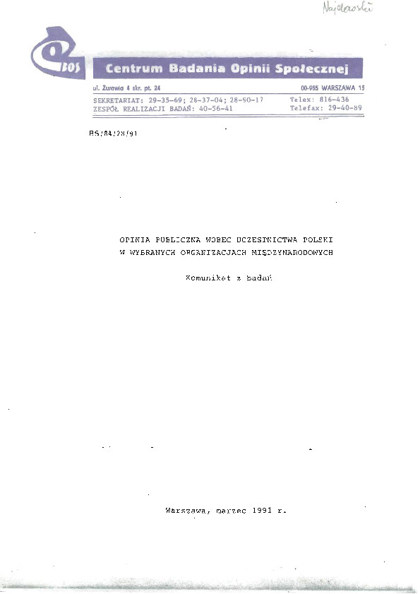 Okładka komunikatu BS/84/28/91