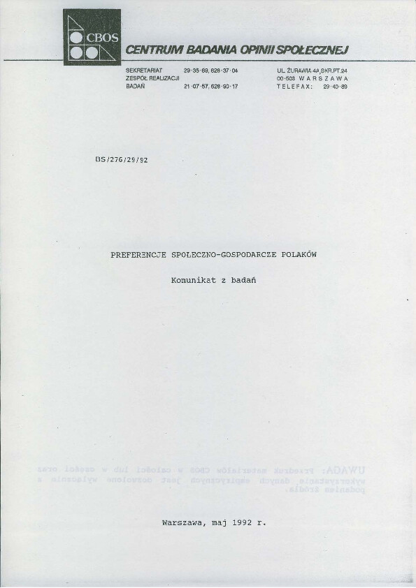 Okładka komunikatu BS/276/29/92