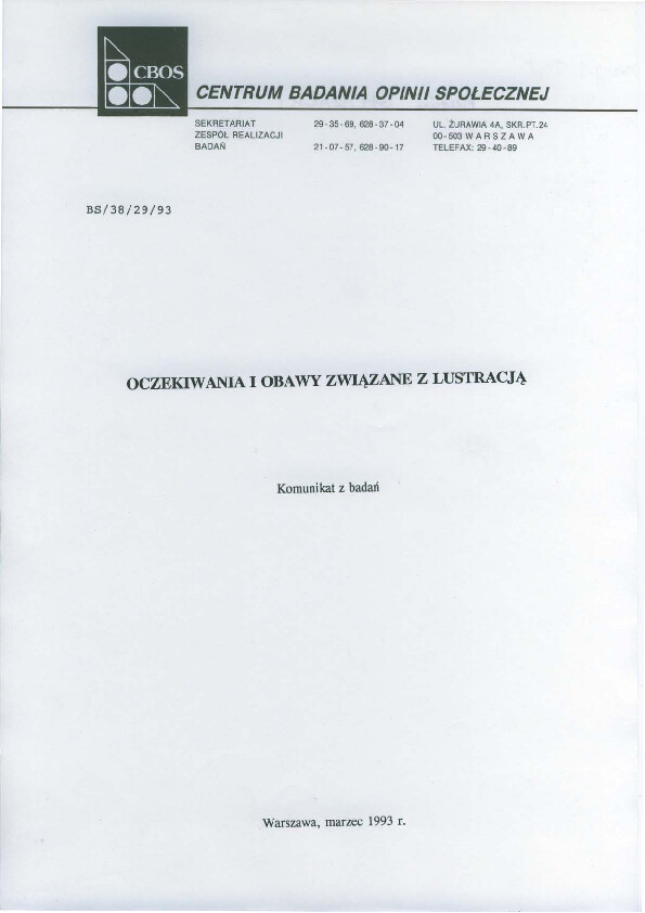 Okładka komunikatu BS/38/29/93