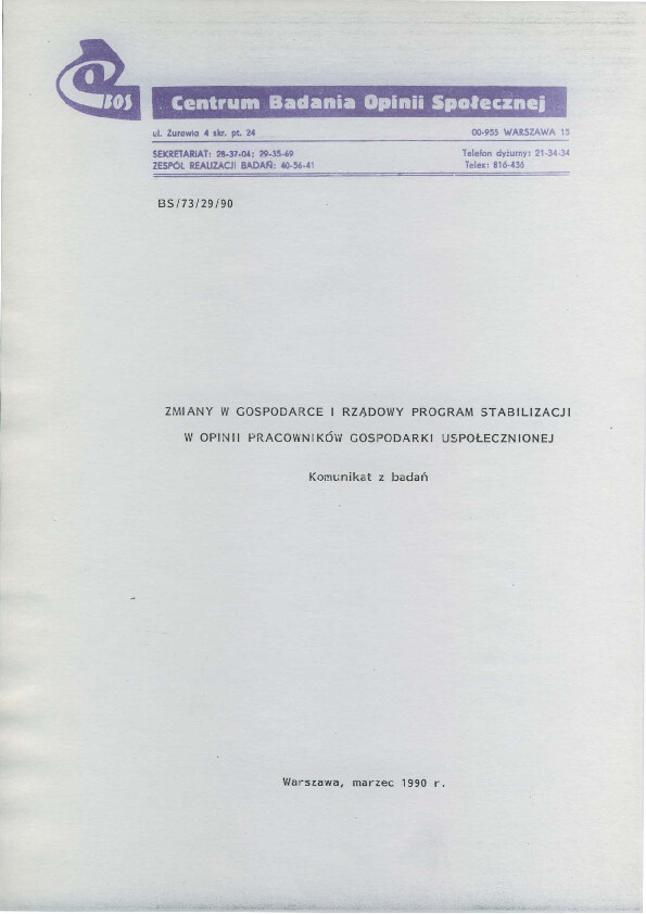 Okładka komunikatu BS/73/29/90