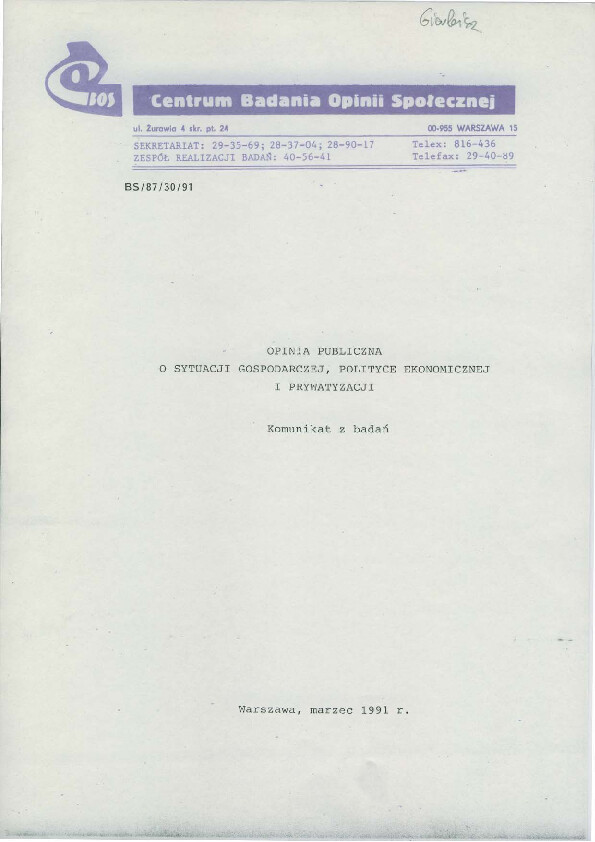 Okładka komunikatu BS/87/30/91