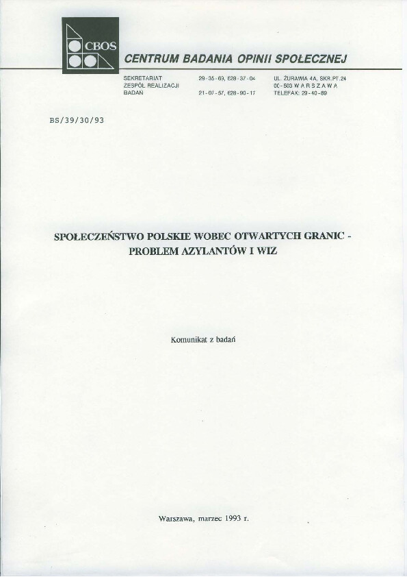 Okładka komunikatu BS/39/30/93