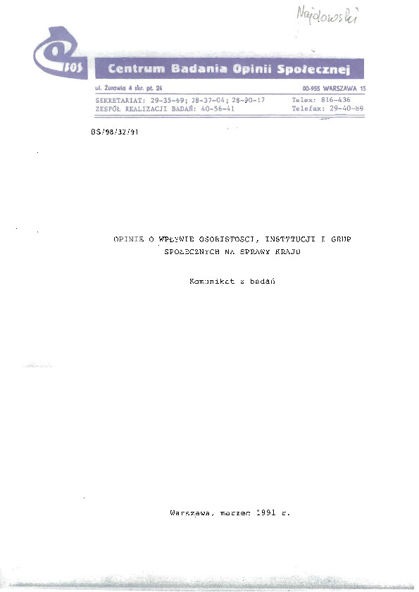 Okładka komunikatu BS/98/32/91