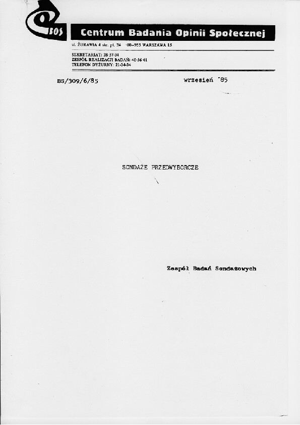 Okładka komunikatu BS/309/6/85