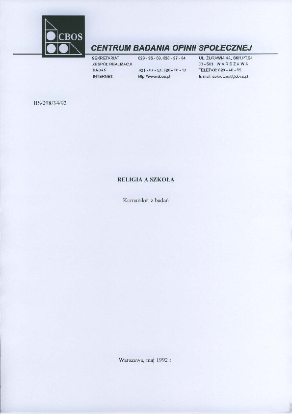 Okładka komunikatu BS/298/34/92