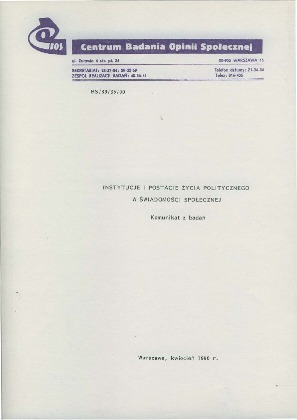 Okładka komunikatu BS/89/35/90