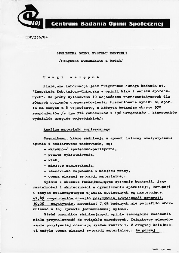 Okładka komunikatu BDF/356/84