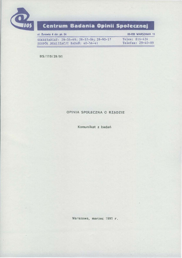 Okładka komunikatu BS/119/39/91