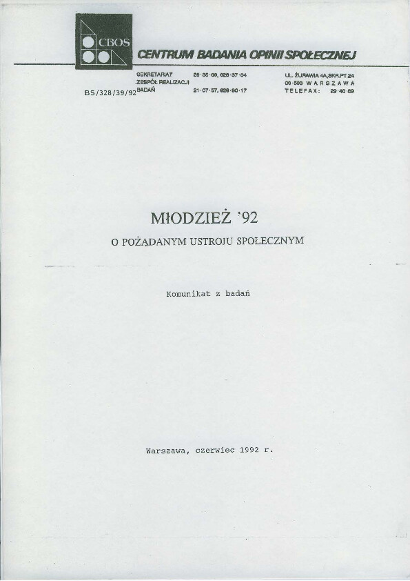 Okładka komunikatu BS/328/39/92