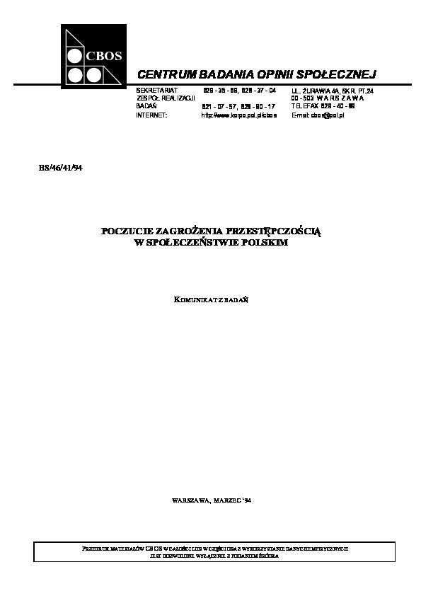 Okładka komunikatu BS/46/41/94