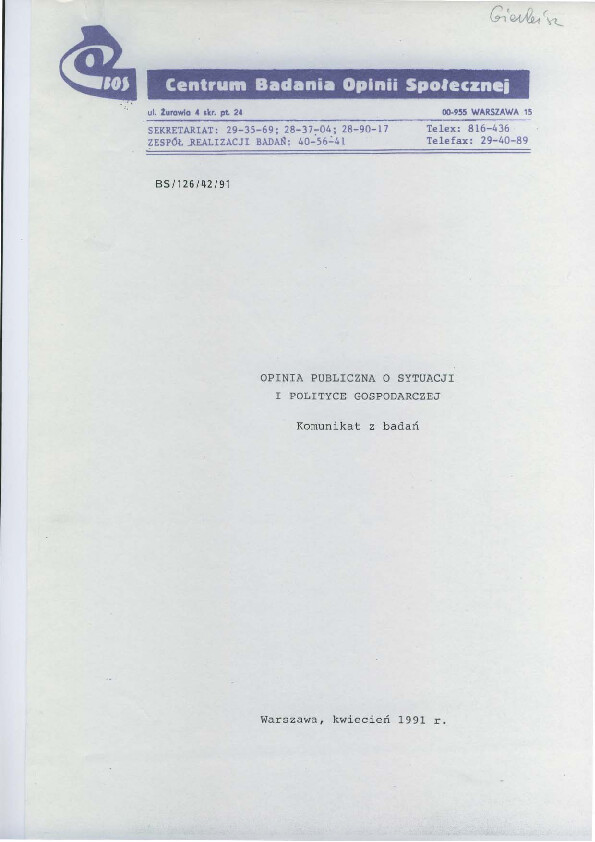 Okładka komunikatu BS/126/42/91