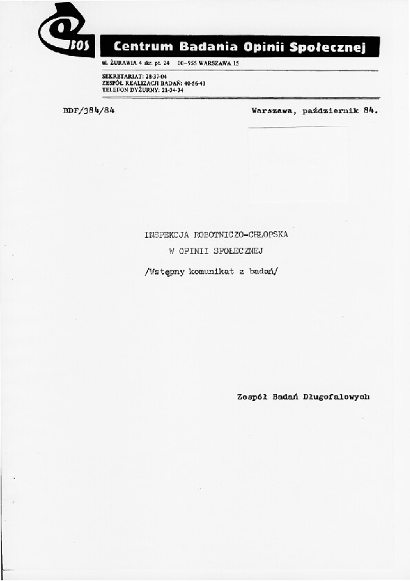 Okładka komunikatu BDF/384/84