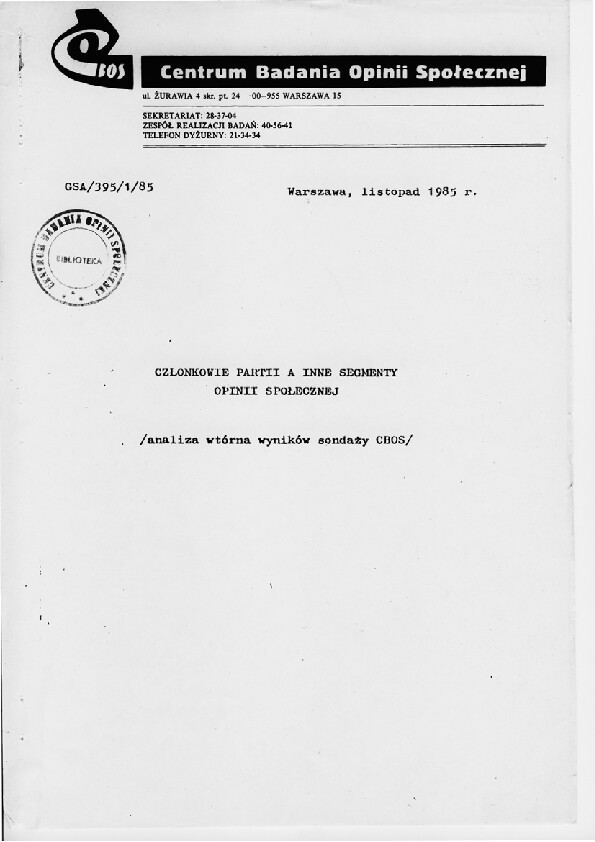 Okładka komunikatu GSA/395/1/85
