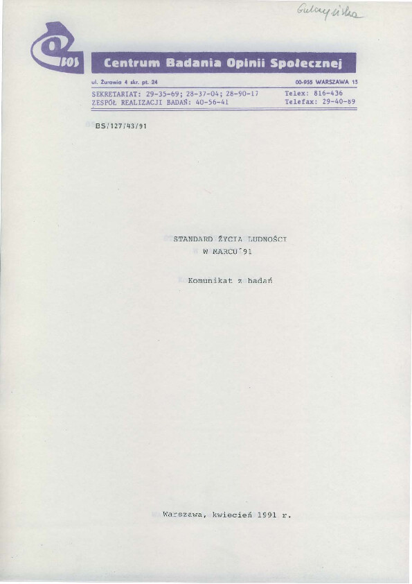 Okładka komunikatu BS/127/43/91