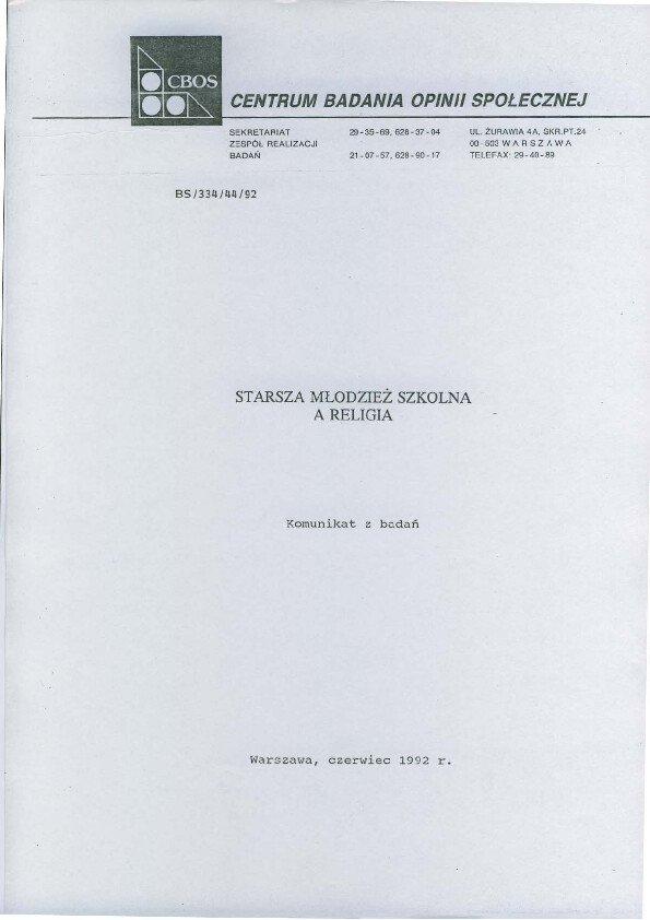 Okładka komunikatu BS/334/44/92