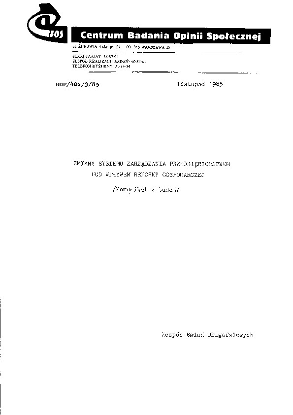 Okładka komunikatu BDF/402/3/85