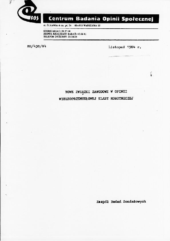 Okładka komunikatu BD/430/84
