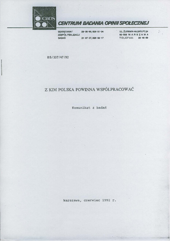 Okładka komunikatu BS/337/47/92