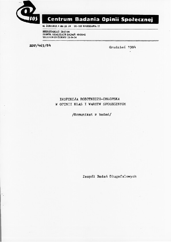 Okładka komunikatu BDF/463/84