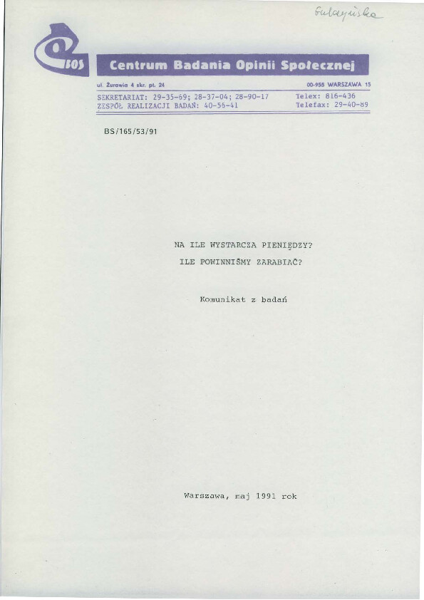 Okładka komunikatu BS/165/53/91