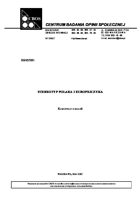 Okładka komunikatu BS/62/2001